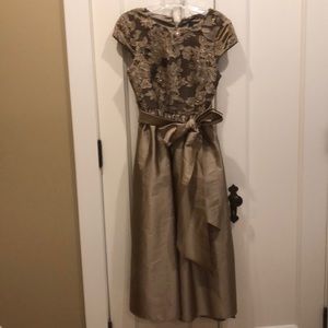 Adrianna Pappel dress mid calf. Bronze satin/lace